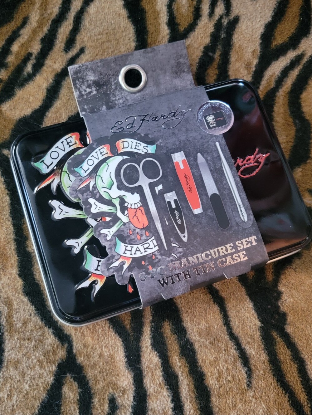 Ed Hardy Black Tin Manicure Set with Multi-Color Skull Artwork